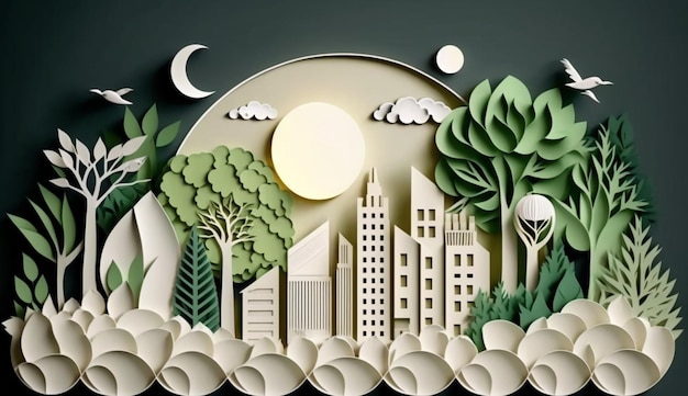 Papercut of eco city design Koncepcja zielonej energii Generative AI