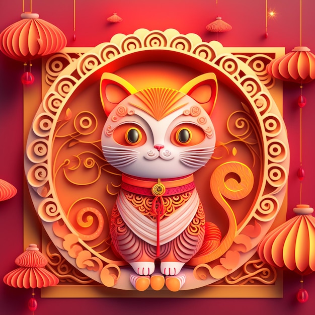 Papercut quilling wielowymiarowy chiński styl ładny zodiak kot z latarniami kwiat brzoskwini kwiat w tle chiński nowy rok księżycowy nowy rok 2023 koncepcja