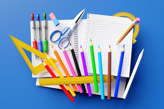 Papeteria szkolna Kredki kolorowe długopisy atramentowe zwykły ołówek z czerwoną gumką linijki, nożyczki i puste strony zeszytu na białym tle Ilustracja 3D