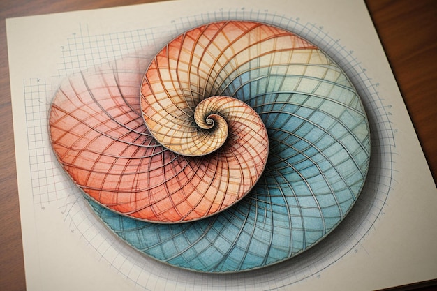 Zdjęcie papier graficzny ze spiralą fibonacciego narysowaną ołówkami kolorowymi