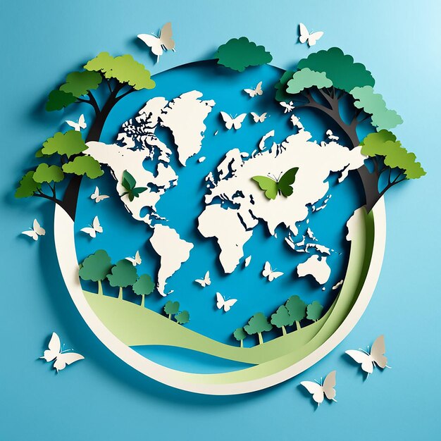 Papier wycięty z mapy świata z drzewami i motylami, koncepcja ekologiczna.