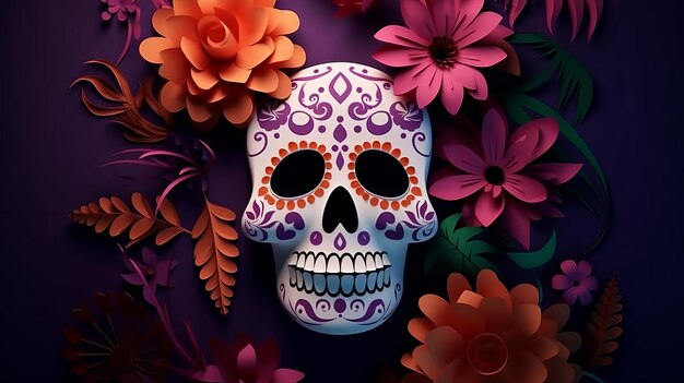 Papierowa czaszka i kwiat na tle meksykańskiego Dnia Zmarłych