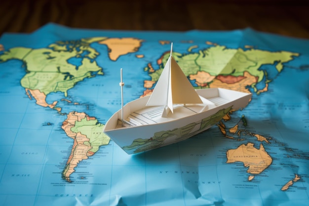 Papierowa łódź na mapie świata koncepcja papierowej podróży