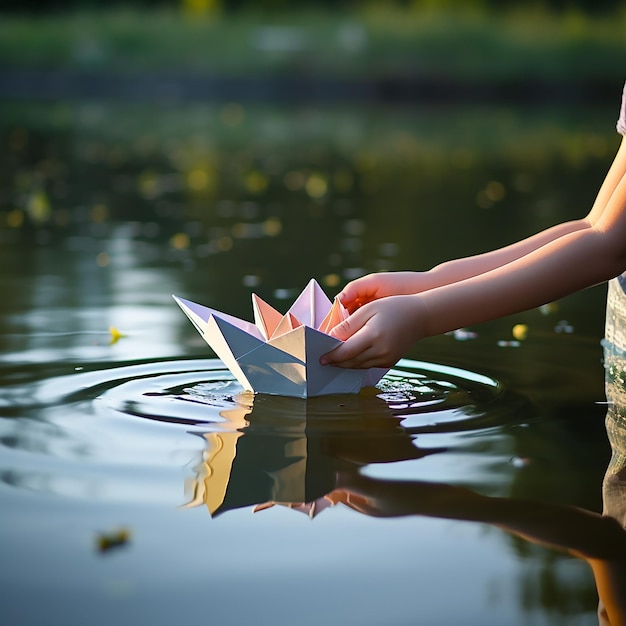 Zdjęcie papierowa łódź w ręku dziecka na tle powierzchni stawu lub jeziora
