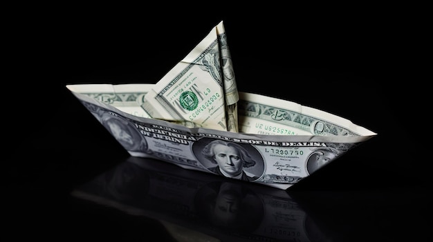 Papierowa łódź wykonana z dolara jak banknoty w koncepcji pieniędzy i finansów z technologią Generative AI