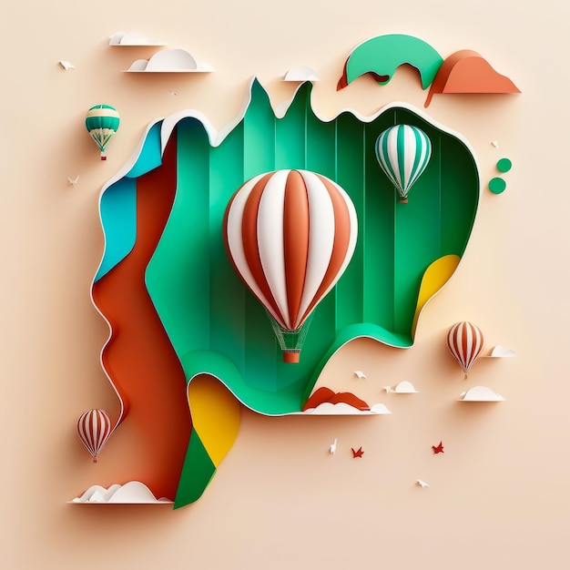 Papierowa mapa Australii z balonami na ogrzane powietrze Generative AI