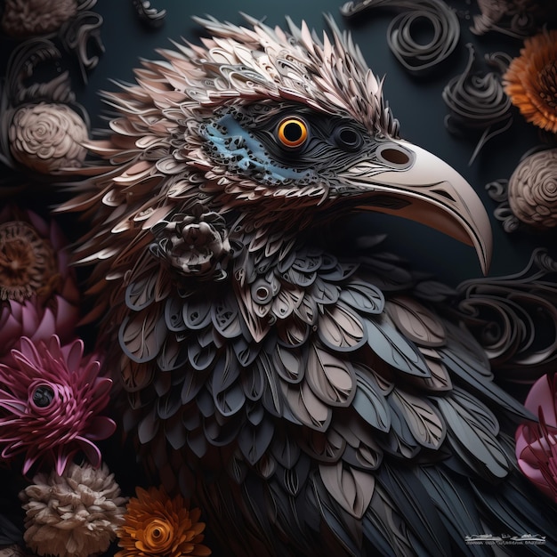 Papierowa sztuka orła z kwiatami