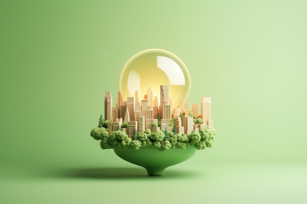 Papierowa sztuka żarówki z zielonym eko miastem na pastelowym zielonym tle Koncepcja energii odnawialnej Koncepcja ekologiczna