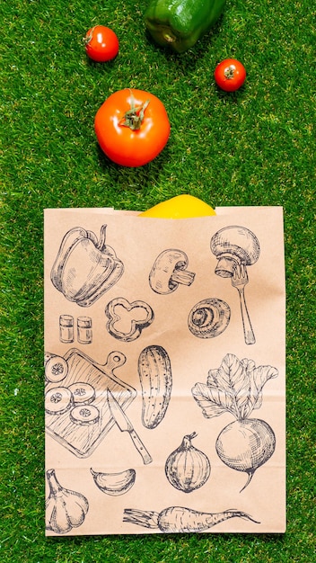 Papierowa torba leży na zielonej trawie z owocami i warzywami wokół makiety mchu