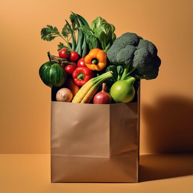 Papierowa torba pełna świeżych warzyw ekologicznych na brązowym tle Koncepcja zdrowej żywności