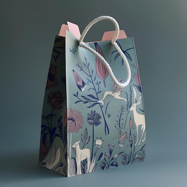 Papierowa torba z motywem kwiatowym i jeleniem.