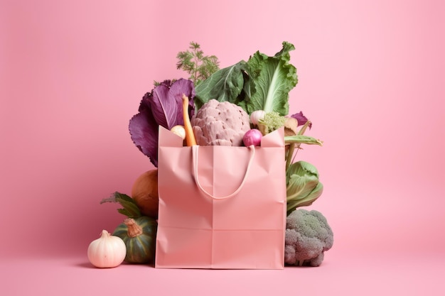 Papierowa torba ze świeżymi warzywami na różowym tle Stworzona przy użyciu technologii generatywnej sztucznej inteligencji