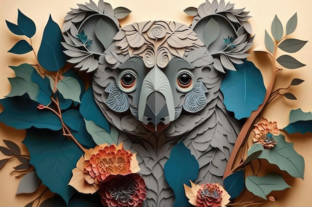 Papierowa twarz koala z motywem kwiatowym