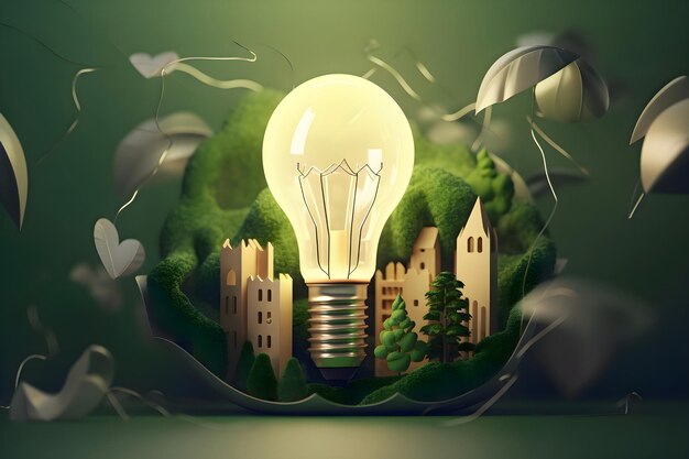 Papierowe cięcie żarówki z eko miastem na zielonym tle Oszczędzaj energię koncepcja kreatywnego pomysłu Generative AI 5