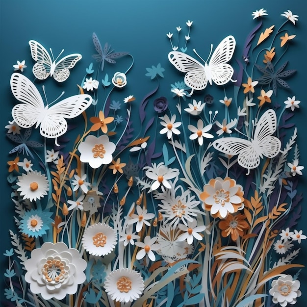 Papierowe kwiaty i motyle z niebieskim tłem.