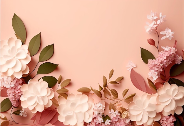 Papierowe kwiaty ut na różowym tle kompozycja ciepłej palety kolorów