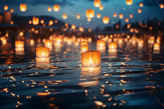 Papierowe latarnie unoszą się na ciemnej wodzie Tradycyjne pływające latarnie Festival Memorial Day Generatywna ilustracja AI