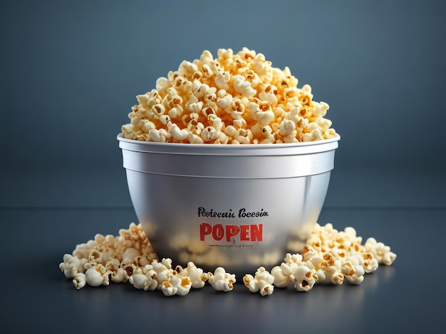 Papierowy kubek z popcornem na niebieskim tle