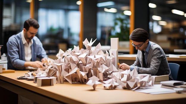 Zdjęcie papierowy model origami pracujących biznesmenów