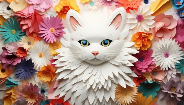 Papierowy rzemiosłowy biały kot z kolorowym futrem i kwiatowym tłem