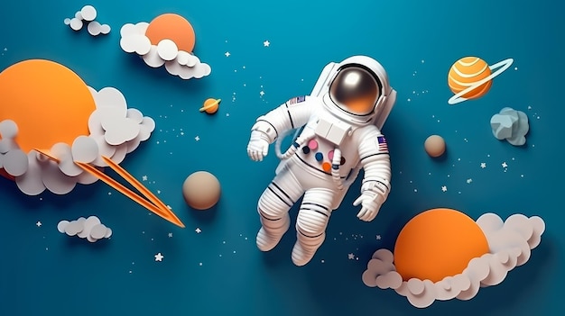 Papierowy styl artystyczny Astronauta unoszący się w kosmosie Piękna planeta w stratosferze Wycinanka z papieru Generative Ai Technology
