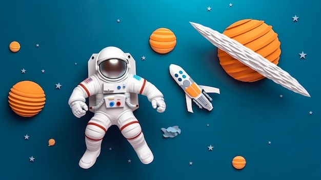 Papierowy styl artystyczny Astronauta unoszący się w kosmosie Piękna planeta w stratosferze Wycinanka z papieru Generative Ai Technology