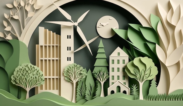 Papierowy styl artystyczny Wycięty z papieru eko projekt miasta Zielona energiaGenerative AI
