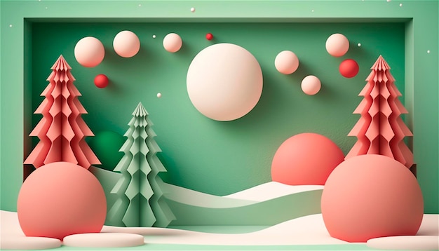 Papierowy szablon dekoracji świątecznej z drzewami w pastelowych kolorach w formacie 3D z miejscem na tekst Kartka świąteczna wygenerowana przez sztuczną inteligencję