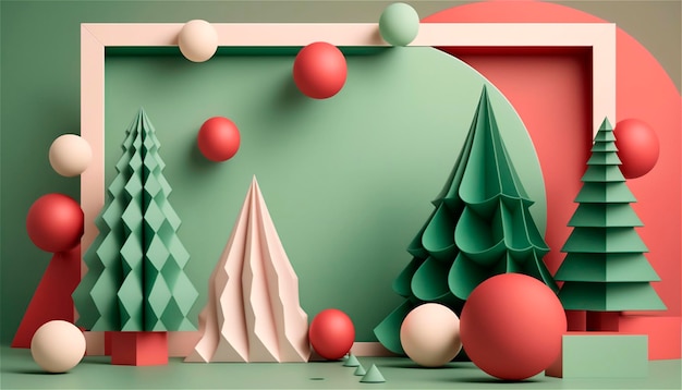 Papierowy szablon dekoracji świątecznej z drzewami w pastelowych kolorach w formacie 3D z miejscem na tekst Kartka świąteczna wygenerowana przez sztuczną inteligencję