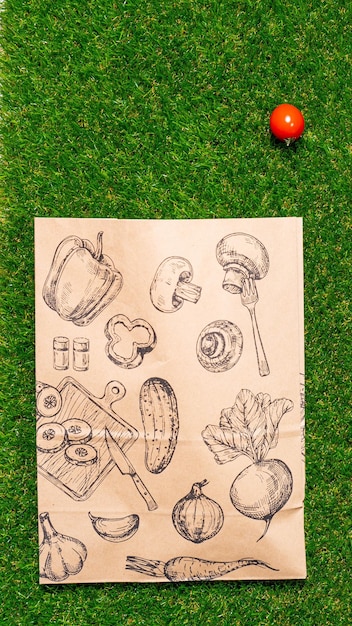 papierowy worek leży na zielonej trawie z owocami i warzywami wokół mechu