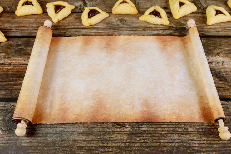 Zdjęcie papirusowa rolka z purim ciastkami na drewnianym