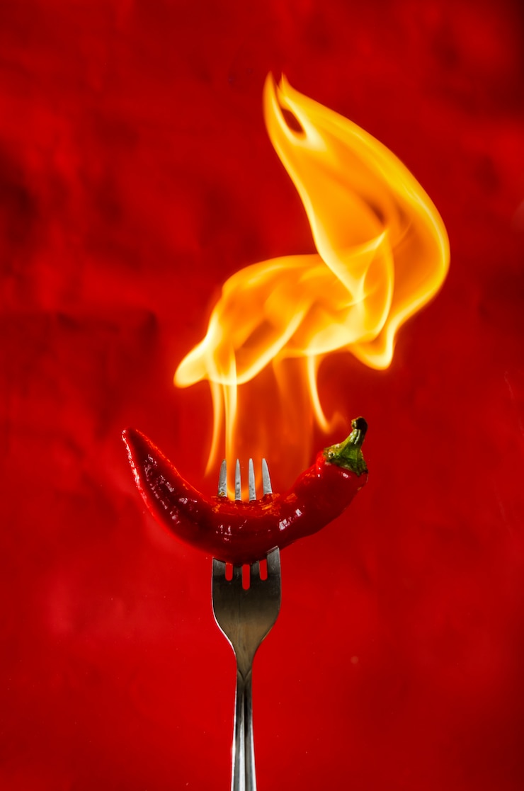 Zdjęcie papryka chili czerwona w ogniu, płonąca papryka, ostra papryka, na czerwonej i czarnej ścianie.