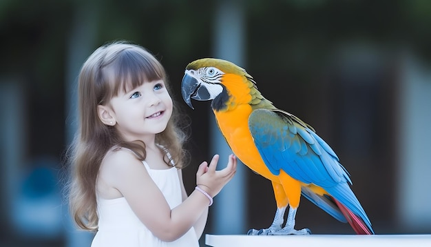 Papuga ara na dłoni małej dziewczynki Koncepcja ptaka domowego