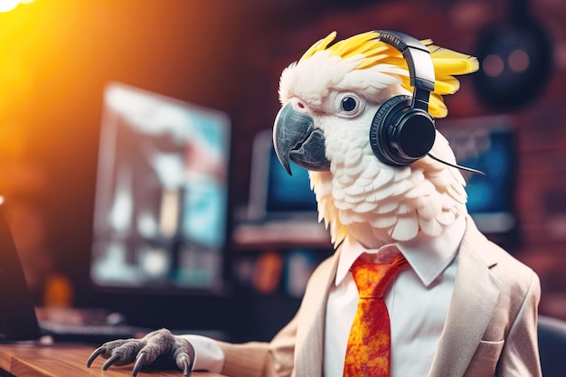 Papuga kakadu w słuchawkach i garniturze biznesowym siedzi przy biurowym stole Koncepcja biura pomocy