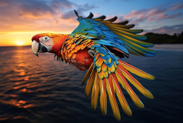 papuga lata nad plażą i wodą w stylu żywych kombinacji kolorów
