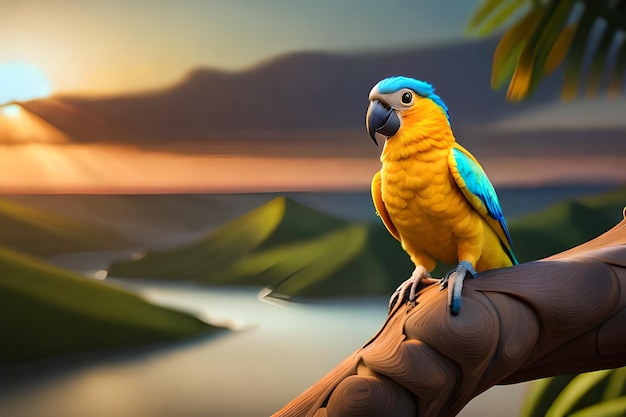 Papuga siedzi na gałęzi przed zachodem słońca.