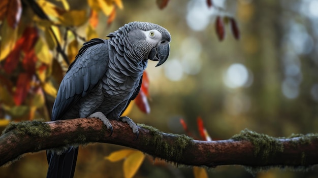 Papuga siedzi na gałęzi w lesie.