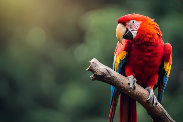 Papuga siedzi na gałęzi w zielonym tle.