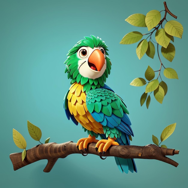 papuga siedzi na gałęzi z liśćmi i niebieskim tłem