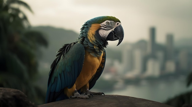 Papuga siedzi na skale przed pejzażem miejskim.