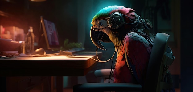 Papuga siedzi przy stole ze światłem.