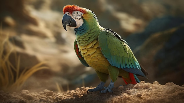 Papuga z czerwoną głową i niebieskimi piórami siedzi na skale.