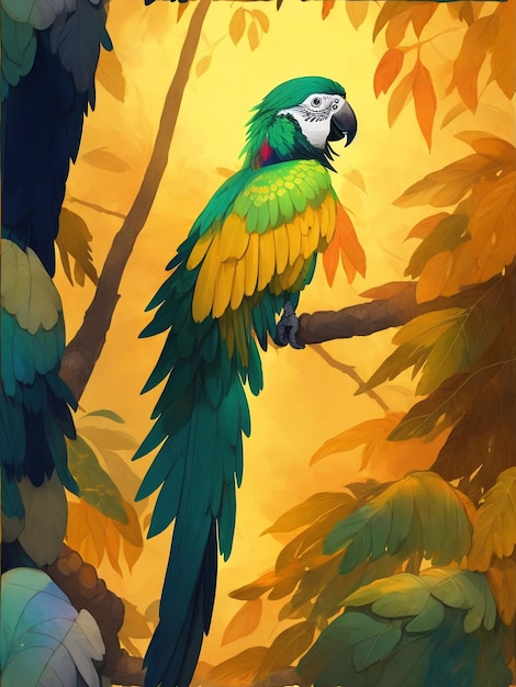 Papuga z czystymi złotymi piórami w lesie