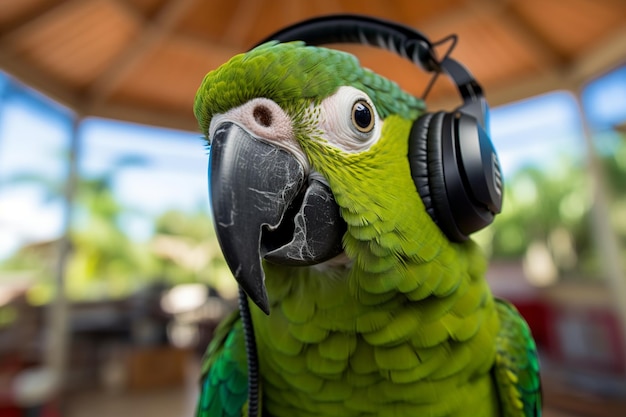 Papuga ze słuchawkami na uszach i słuchawką na głowie.