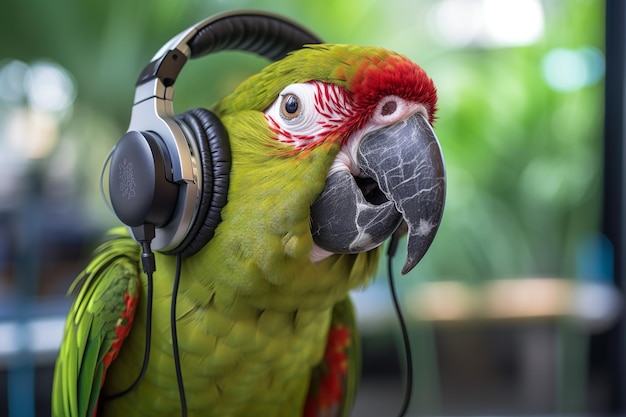 Papuga ze słuchawkami na uszach