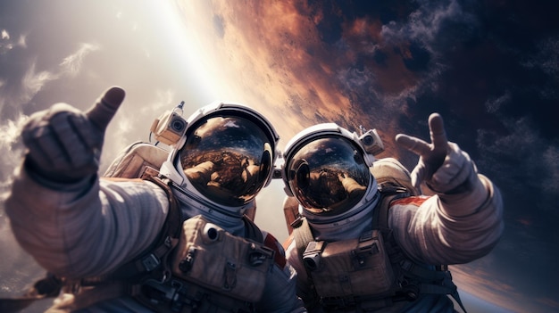 Para astronautów robi selfie w kosmosie. Zdjęcie wysokiej jakości.