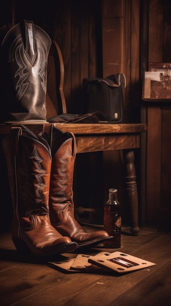 Para butów kowbojskich siedząca na drewnianej podłodze Obraz generatywny AI