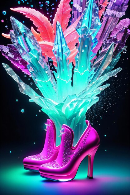 Zdjęcie para butów na wysokim obcasie z kolorowymi piórami i wodą rozpryskującą się z nich do ai
