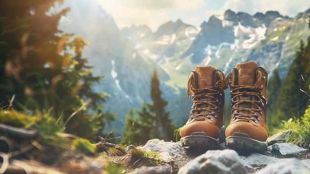 Zdjęcie para butów turystycznych na skalistym szczycie góry z widokiem na piękny krajobraz buty są brązowe i wykonane ze skóry z pomarańczowymi sznurowadłami