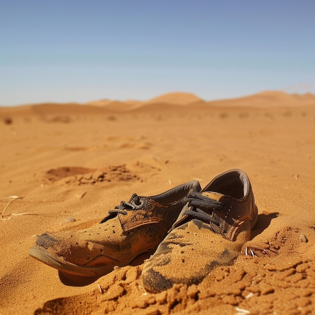 Para butów w piasku na pustyni.